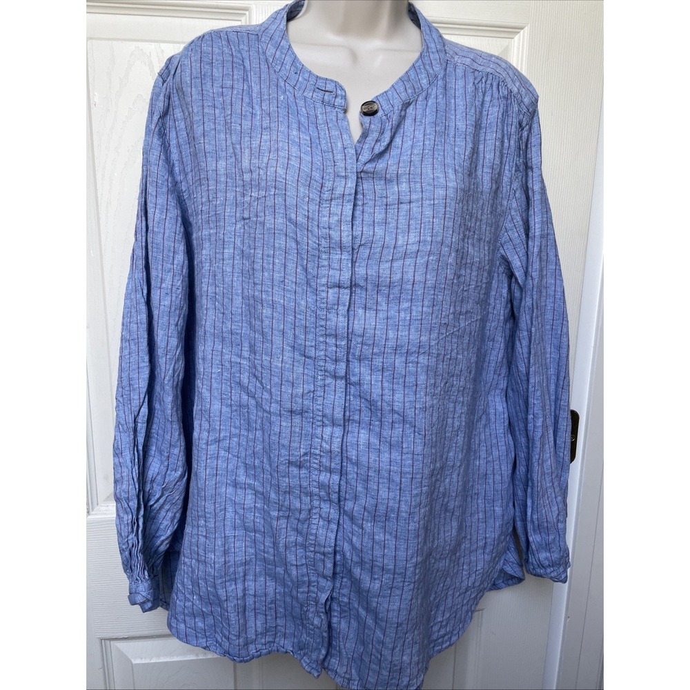 M & S Collection 100% Linen Shirt Chambray Blue Striped Henley‎ Mandarin Size 16